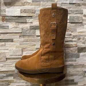 Coach Tulip Tullip Boots 8.5 | Honey Tan Suede Leather Fur, Signature C Embossed